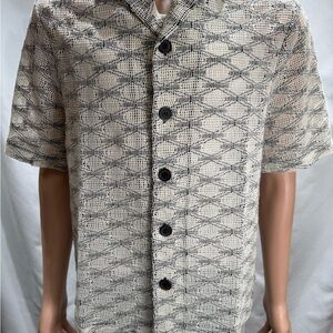 Medium Crochet Casual Black and White Button Down Shirt with Short Sleeves